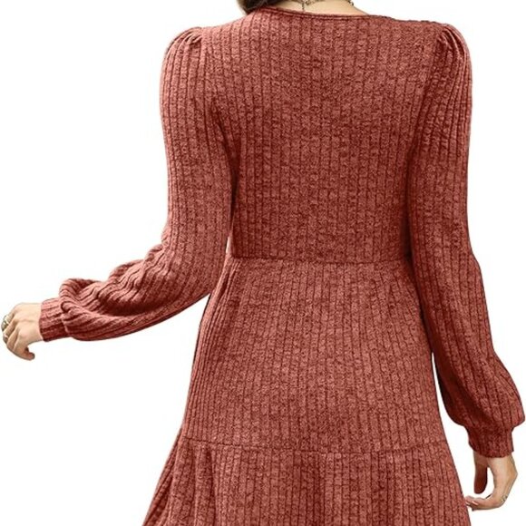 Women Caramel Square Neck Long Sleeve Fall Dresses Casual Babydoll Sweater Dress - Picture 4 of 4